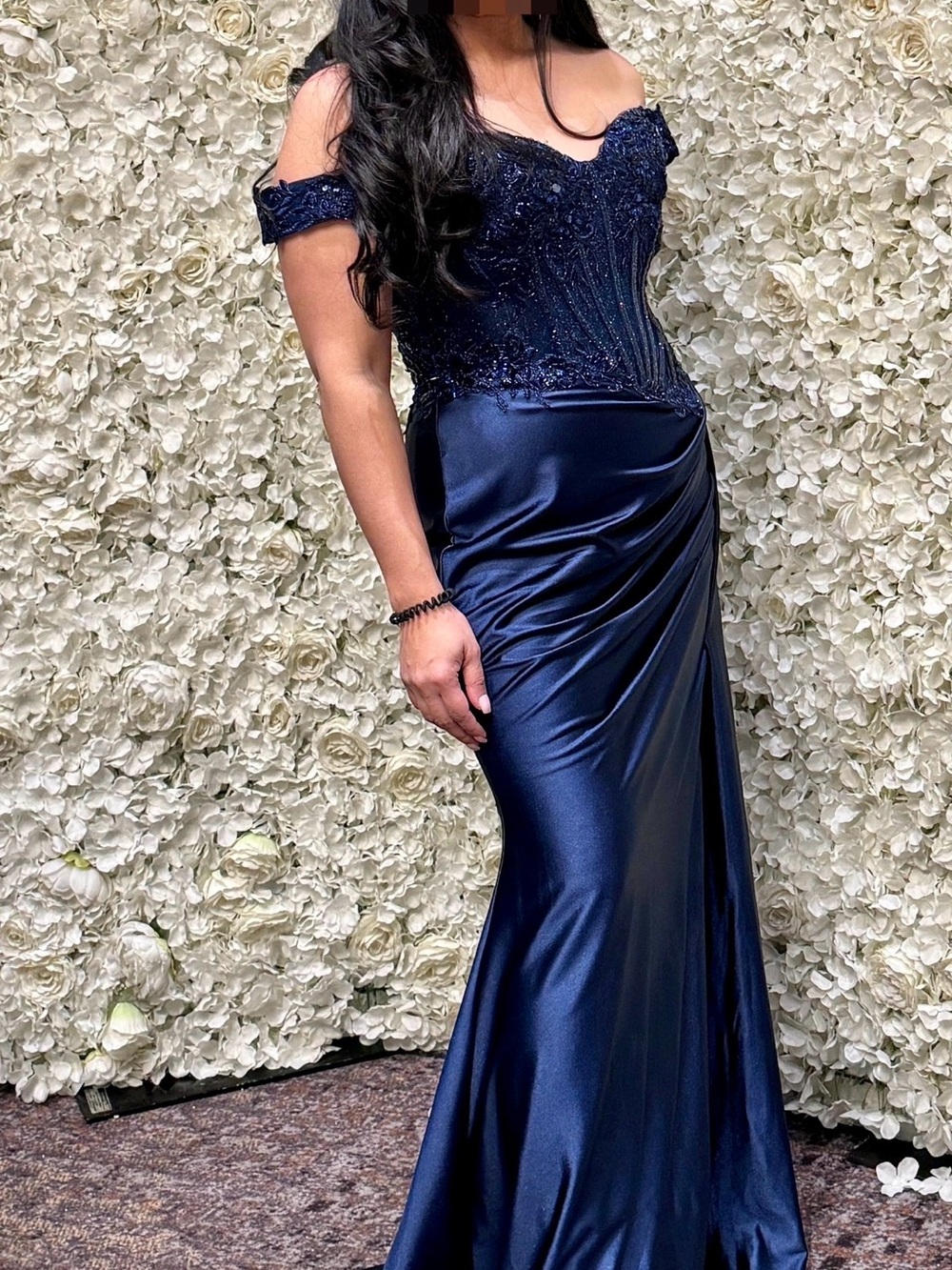 Ladivine CD803CL Off-Shoulder Navy Satin Evening Gown with Embellished Bodice